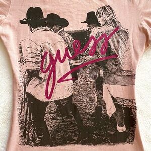 Guess light pink cowboy + girl / woman western theme graphic tee t-shirt